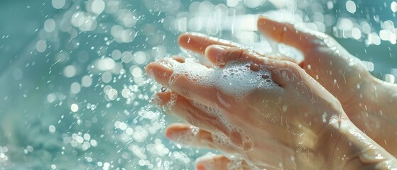 Fototapeta premium Hygienic Ritual - Close-up of Hands Lathered with Soap Under Running Water in Bright, Clean Bathroom