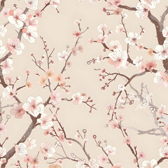A seamless pattern of delicate pink cherry blossoms in full bloom