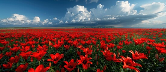 Underneath a cloudy sky, a picturesque scene unfolds as vibrant red Siberian Saranka lilies adorn the landscape, their vivid colors popping against the backdrop of greenery and clouds