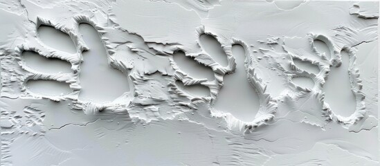 The snow-covered landscape displays fresh animal paw prints, showcasing the distinct marks of wildlife activity and revealing animals' presence in the wintry terrain