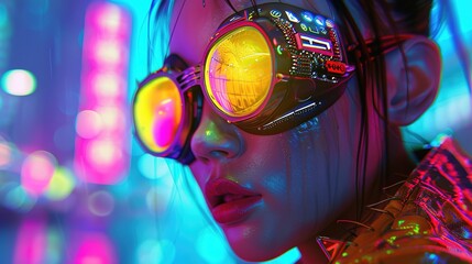 Photo-Realistic Cyberpunk Woman Wearing Neon Goggles and Vibrant Neon Colors, Capturing Futuristic Urban Atmosphere