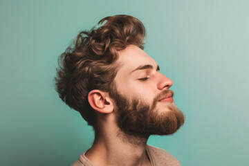 Fototapeta premium A close up of a man with beard and closed eyes looking to a side