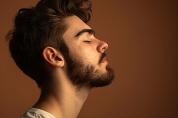 Fototapeta premium A close up of a man with beard and closed eyes looking to a side
