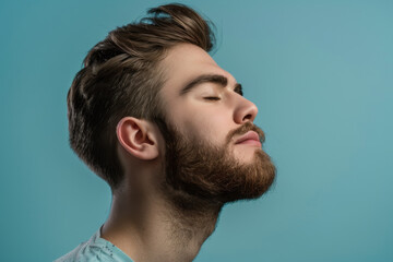 Fototapeta premium A close up of a man with beard and closed eyes looking to a side