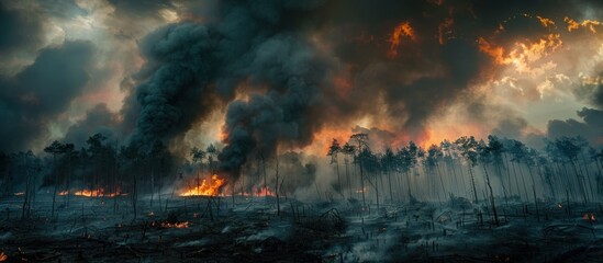 A dense forest is engulfed in smoke as flames consume trees in a large-scale fire, casting a cloud of white and black over the charred landscape