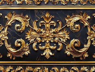 Ornate golden scrollwork design on a black marble background.