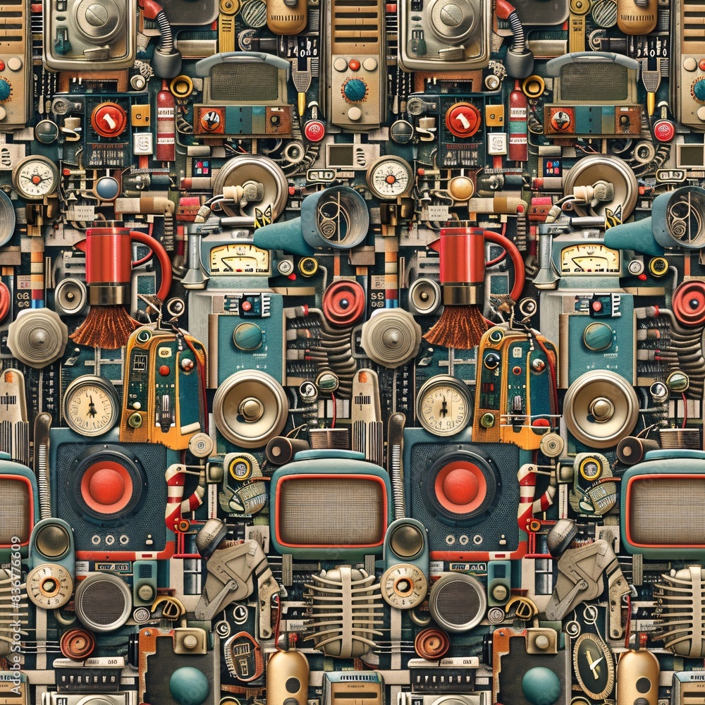 Poster a seamless pattern with an array of antique electrical gadgets such as old microphones, clocks, and 