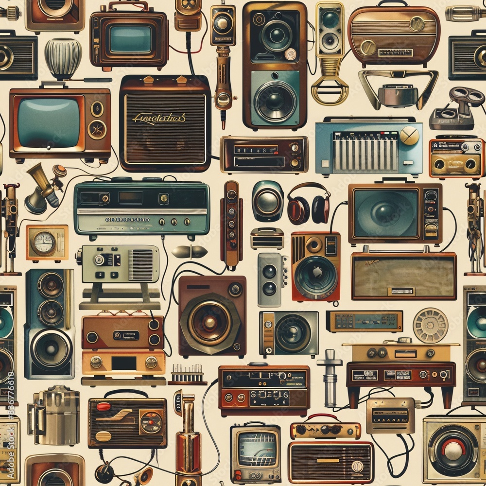 Poster a seamless pattern of various antique electrical appliances, harmoniously blended to create an intri