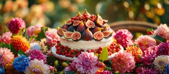 Cake embellished with fresh figs, showcased against a backdrop of colorful flowers, where the luscious tones of the figs stand out amidst the vibrant blooms