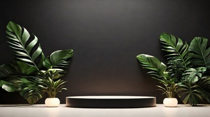 minimalistic black background with podiums for presentation beauty product and some tropical leaf  flower decoration