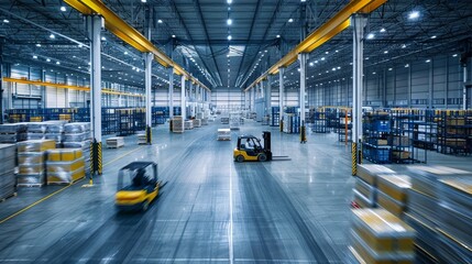 Efficient warehouse operations with neatly stacked pallets and busy forklifts in motion, Created with Generative AI.