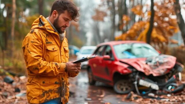 Car accident scene with insurance agent documenting details.