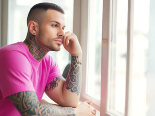 Calm man in pink t-shirt with tattoo on arms looking through window.