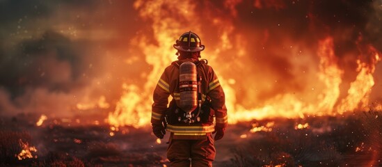 A firefighter in full gear stands bravely in front of a raging inferno showcasing their courage and dedication to battling the blaze The intensity of the fire contrasts with the firefighters 