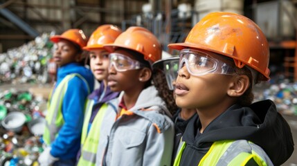 Children wearing safety gear visit a recycling plant to learn about environmental conservation and waste management processes.