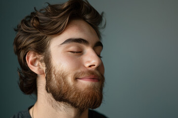 Fototapeta premium A close up of a man with beard and closed eyes looking to a side