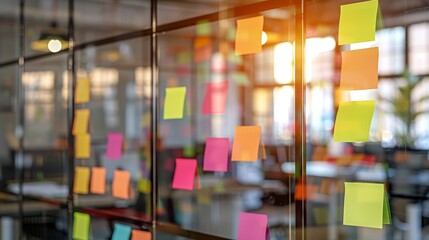 Colorful sticky notes on a glass wall in a modern office with sunlight streaming in, representing brainstorming and creative idea generation.