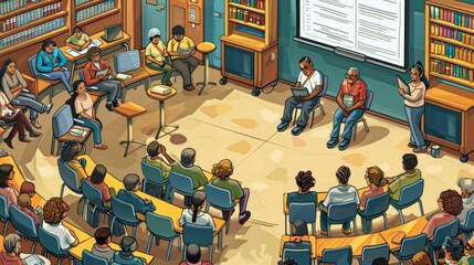 Obraz premium A community town hall meeting in a local library, with residents voicing generated by AI