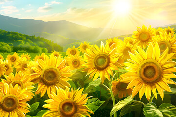 Fototapeta premium Sunflowers field with bright yellow petals glowing in the warm summer sunlight