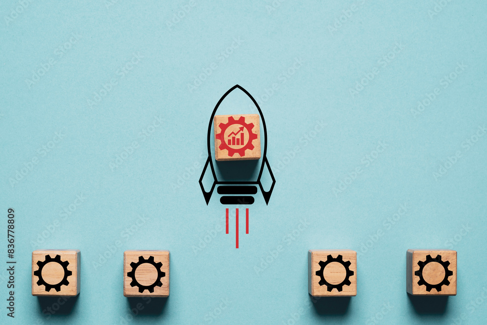 Poster mechanical gear with up arrow and graph inside rocket rising and escape for continuous improvement i