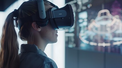 Woman exploring virtual reality with headset, futuristic hologram background suggests advanced tech. Side view of immersive VR experience.