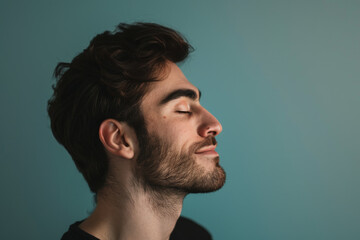 Obraz premium A close up of a man with beard and closed eyes looking to a side