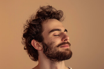Fototapeta premium A close up of a man with beard and closed eyes looking to a side
