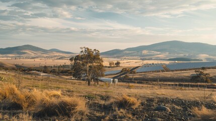 Fototapeta premium Golden sunlit landscape with rolling hills, farmland, scattered trees, and a barn, set against a backdrop of distant mountains.