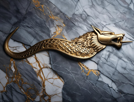 A detailed marble and gold sculpture of the ancient Dacian war symbol that was combining the head of a wolf and the body of a serpent