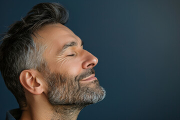 Obraz premium A close up of a man with beard and closed eyes looking to a side