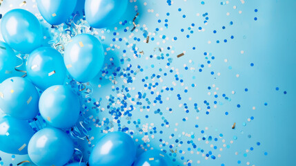 Blue balloons and confetti background with copy space. 