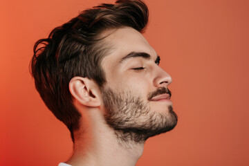 Obraz premium A close up of a man with beard and closed eyes looking to a side