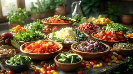 A beautifully arranged spread of vibrant, healthy foods showcasing fresh ingredients and colorful...