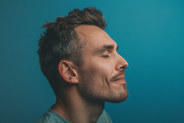 Fototapeta premium A close up of a man with beard and closed eyes looking to a side