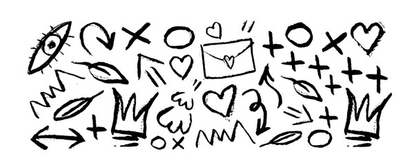 Fototapeta premium Charcoal graffiti doodle punk and girly shapes collection. Hand drawn abstract scribbles and squiggles, creative various shapes, pencil drawn icons. Scribbles, scrawls, eye, crown, curly lines
