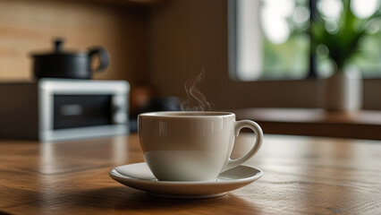 Obraz premium Wooden table top with hot cup of coffee or tea on blurred kitchen, restaurant or bar interior background with copy space.