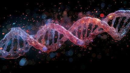 DNA molecular structure with sequencing data of human genome analysis on black background.