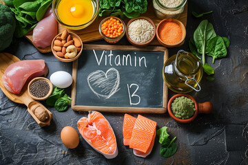 A collection of Vitamin B rich foods including eggs, nuts, salmon, vegetables, and grains, arranged...