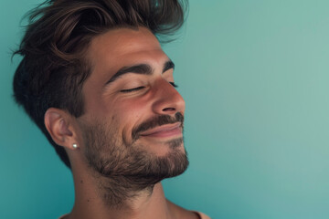 Fototapeta premium A close up of a man with beard and closed eyes looking to a side