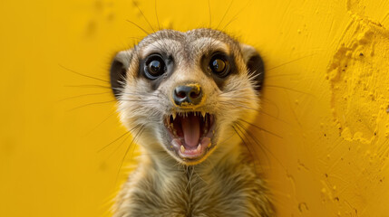 Fototapeta premium Surprised Meerkat Against Yellow Background