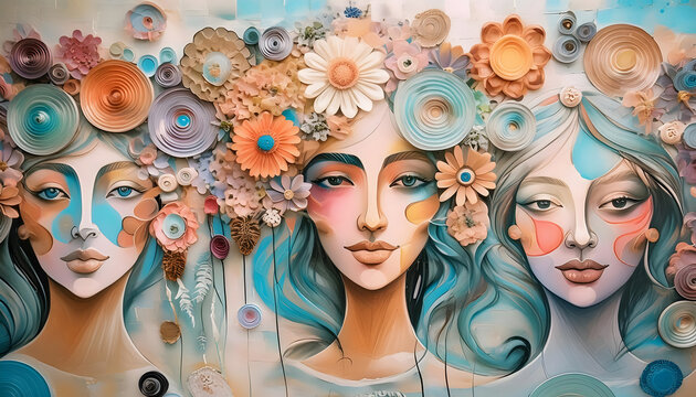 gemalte, Frauengesichter, auf, wand, Wandmalerei, close up, neu, streetart, graffiti, design, kunst, abstrakt, floral, blumen, haare, bohemian, boho, poster, hintergrund, textur, muster, make-up, bunt