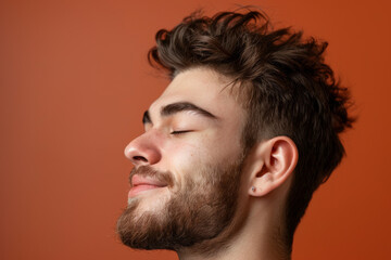 Fototapeta premium A close up of a man with beard and closed eyes looking to a side