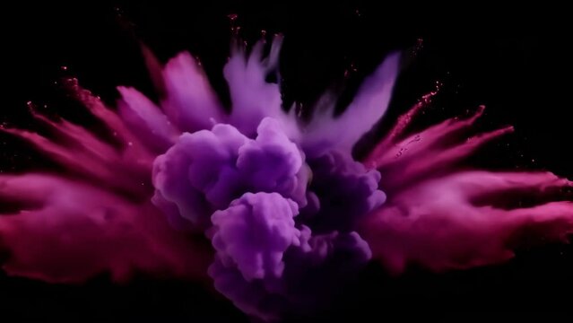 Vibrant plum powder explosion creating an abstract pattern against a dark background. Swirling bursts of paint in vivid shades of plum evoke a sense of energy, creativity, and motion.
