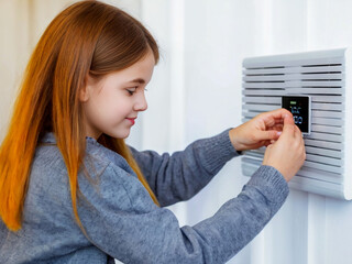 Girl helping mother to adjust, lower heating temperature on thermostat. Concept of sustainable, efficient, and smart technology in home heating and ..