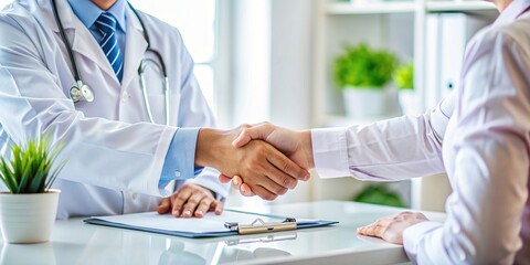 Close-up of a handshake between a doctor and a patient in a clean medical office