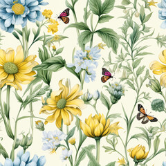 A seamless pattern featuring vibrant watercolor wildflowers with delicate yellow blooms and lush green leaves intertwined with intricate insects