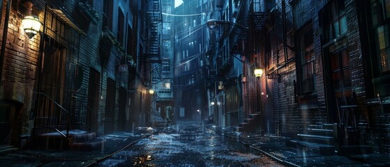 Nighttime urban alleyway with atmospheric lighting lamp 