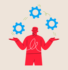 Man juggling with cog wheels, symbolizing strategic thinking, creativity. Colorful vector illustration