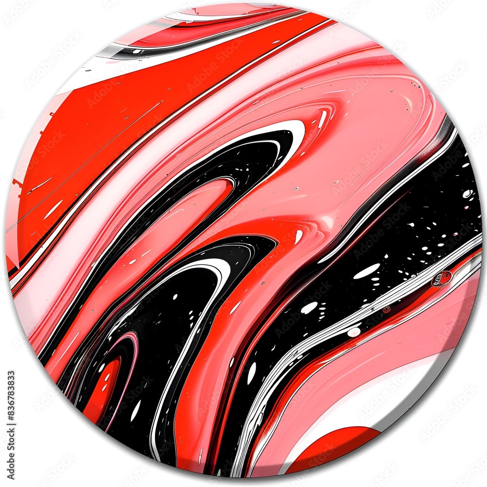Poster a red and black striped design with a white background. the design is circular and has a shiny, glos