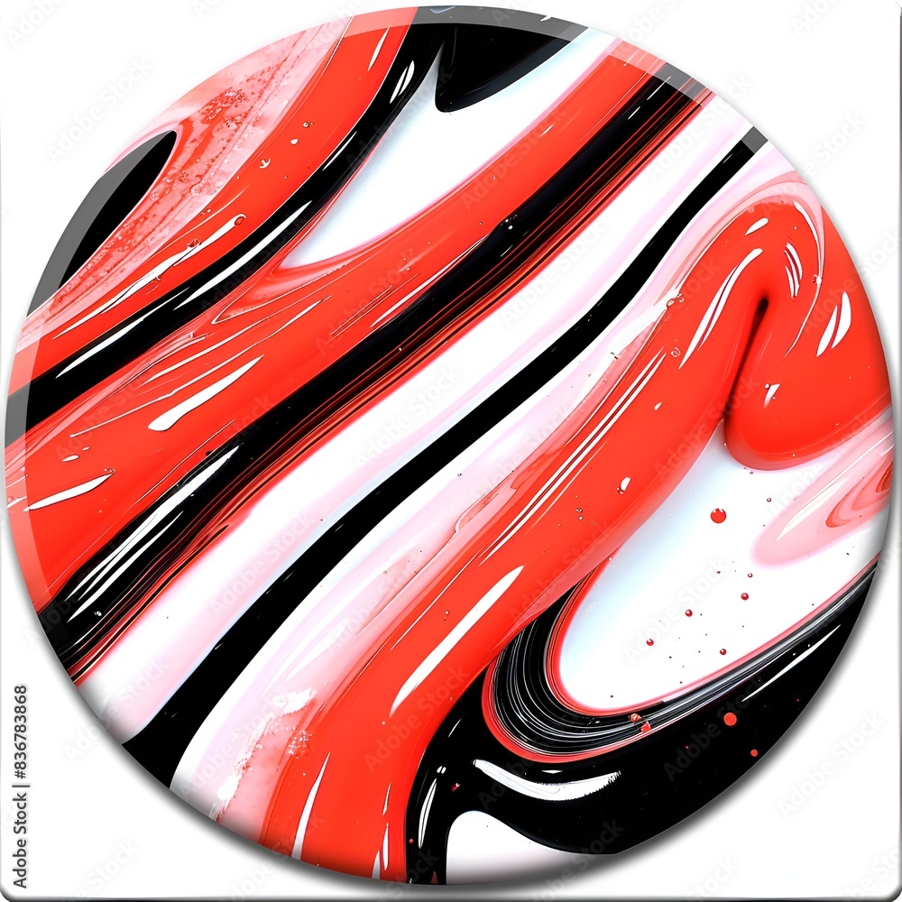 Poster a red and black striped design with a white background. the design is circular and has a shiny, glos